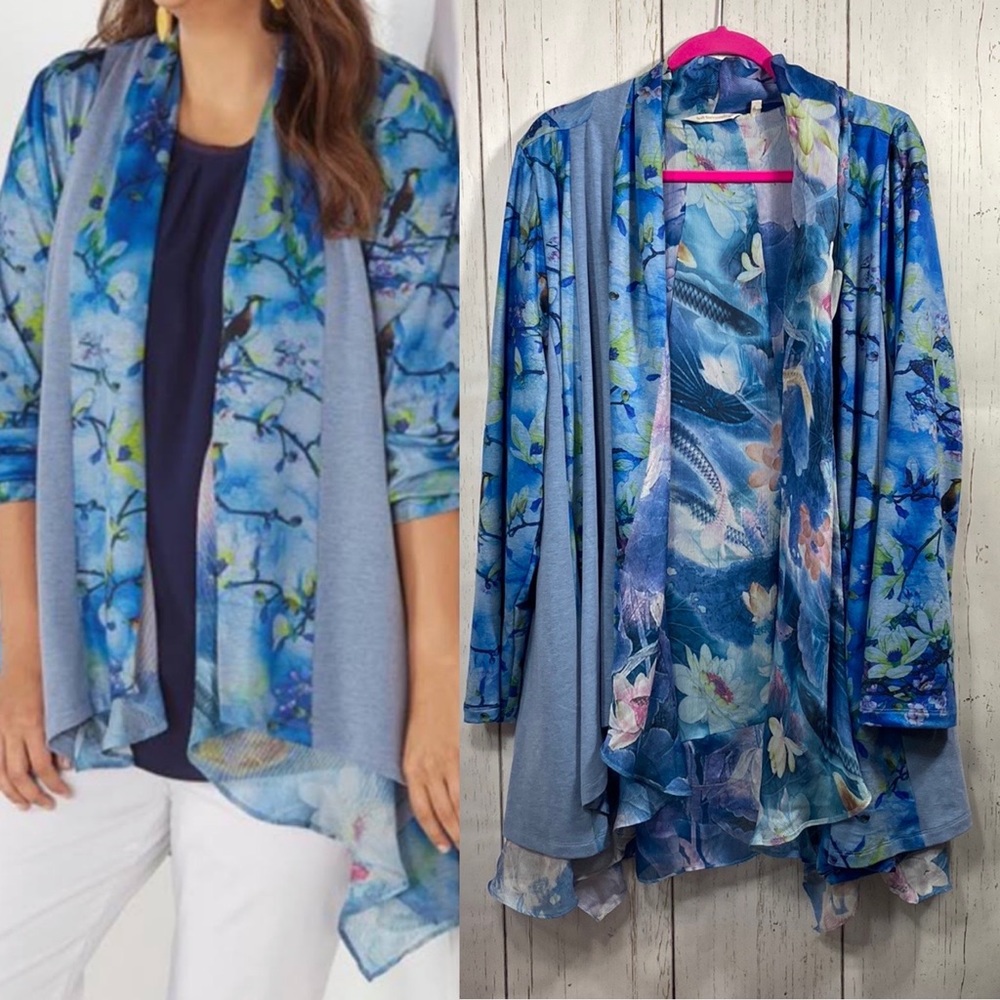 Soft Surroundings Womens Floral Tea Gardens Topper Blue Open Front Cardigan